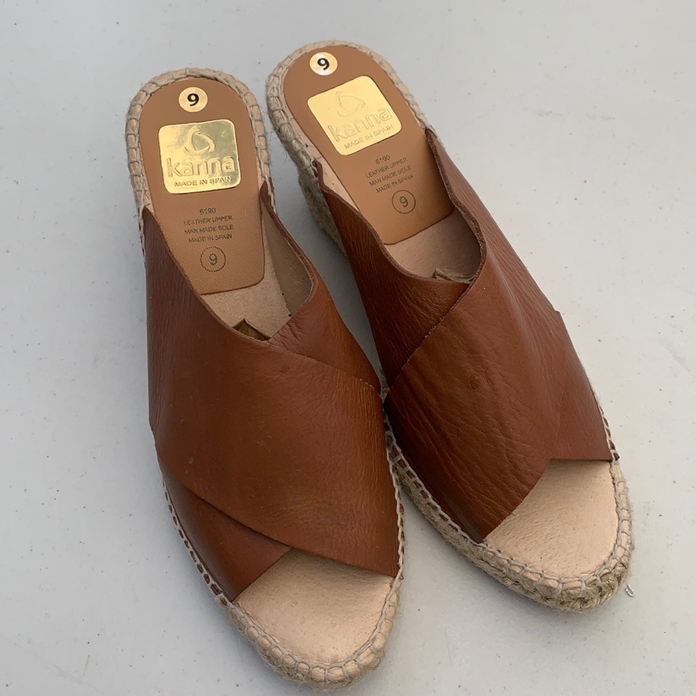 kanna Brown Leather Espadrille Slide Sandals